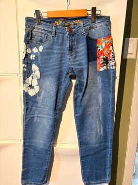 Desigual Blue Floral Patchwork Boyfriend Jeans